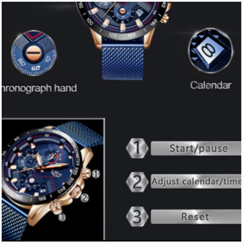 LIGE メンズ腕時計 スタイリッシュ 多機能 クォーツ 3気圧防水 高耐久