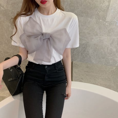 美人度アップ ラウンドネック 半袖 ファッション 蝶々結び  キュート 夏 Tシャツ