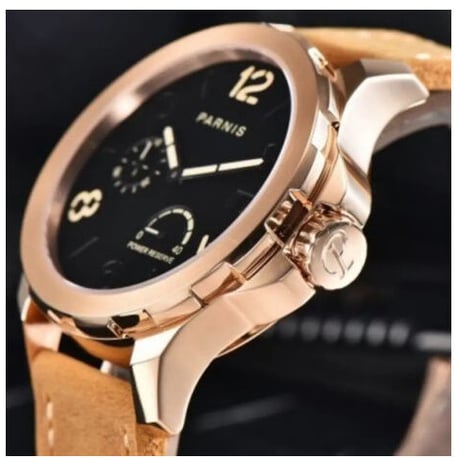 parnis 自動巻き 機械式腕時計 Mens 44mm ゴールド サファイアクリスタル レザーストラップ