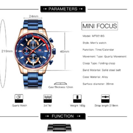 MINIFOCUS メンズ腕時計 防水 クロノグラフ 日付表示 光る クォーツ 金属ベルト 海外高級ブランド 人気 4色展開