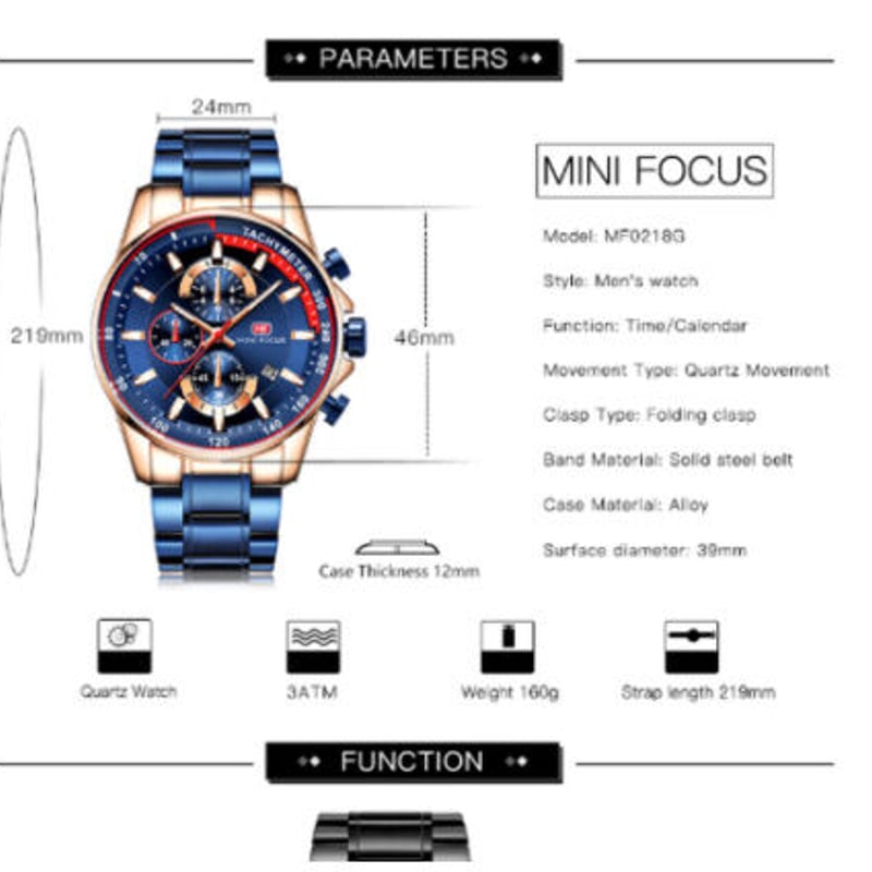 MINIFOCUS メンズ腕時計 防水 クロノグラフ 日付表示 光る クォーツ