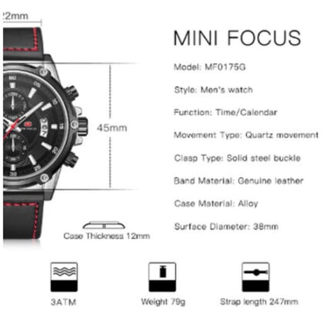 【MINIFOCUS】 時計 メンズ クロノグラフ 防水 本革ベルト クォーツ ルミナスハンズ 発光 日付表示 高級 海外ブランド ラグジュアリー かっこいい 3色展開