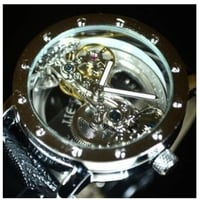 TIEDAN メンズ 機械式時計 自動巻 スケルトン トゥールビヨン シルバー ブラック革バンド