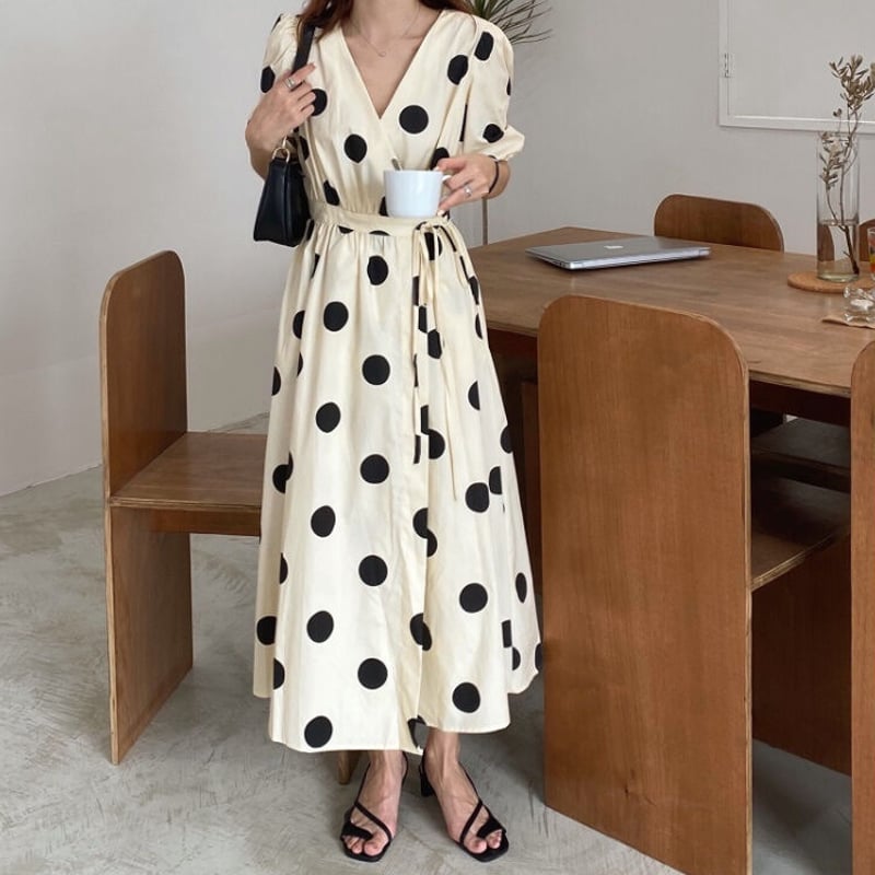 レトロ 韓国風 ドローストリング ドット柄 ワンピース 大人可愛い 夏