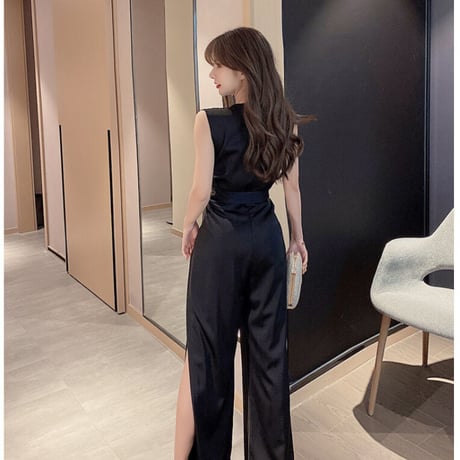 Vネック ノースリーブ 無地 ウエスト 絞り ハイウエスト セクシー 大人女子  オールインワン