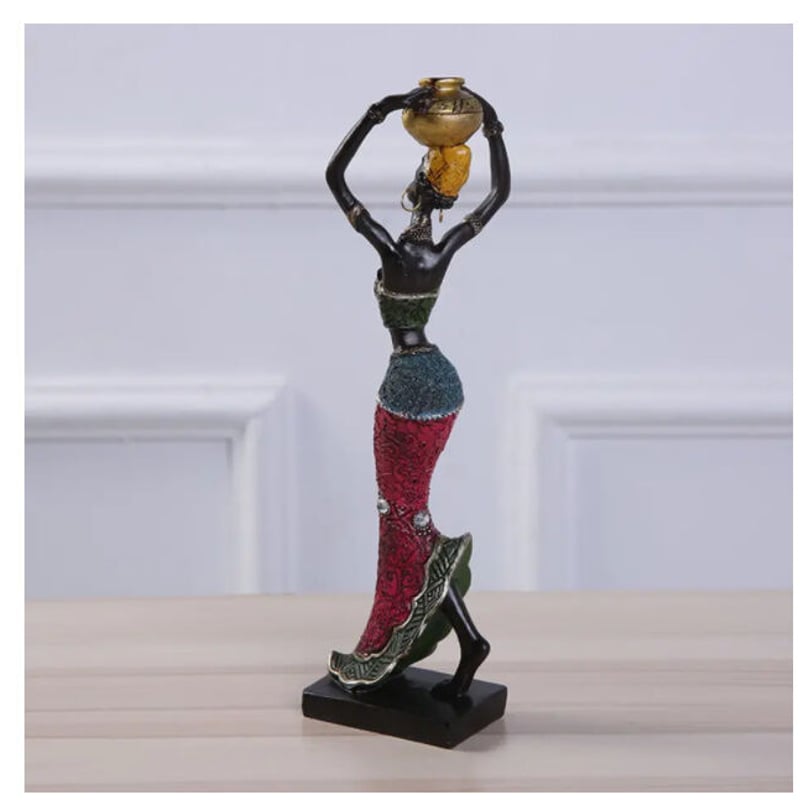 オブジェ】 アフリカ女性 樹脂彫像 頭の上に壺 ピンク 部屋装飾