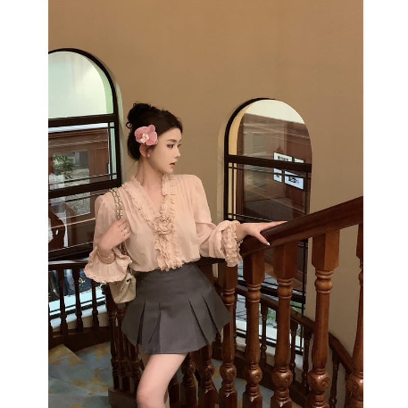 Vネック 花柄デザイン ブラウス 上品 おしゃれ 快適 お嬢様 CP-433