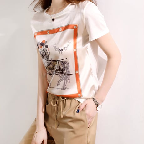 ラウンドネック 半袖 ファッション おしゃれ かわいい 花柄 配色 Tシャツ