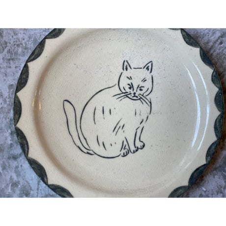 【桂さえか/猫展】丸リム皿（白ネコ）