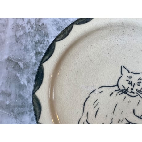 【桂さえか/猫展】丸リム皿（白ネコ）