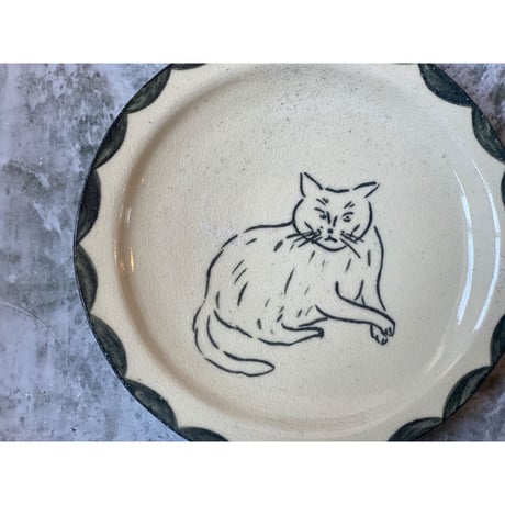 【桂さえか/猫展】丸リム皿（白ネコ）