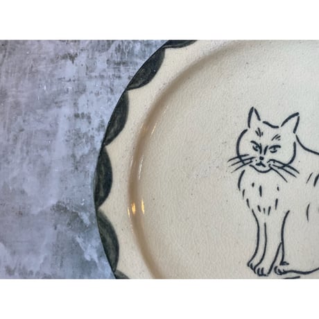 【桂さえか/猫展】丸リム皿（白ネコ）