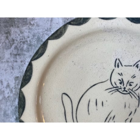 【桂さえか/猫展】丸リム皿（白ネコ）