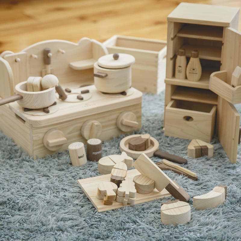 クールキッド出品　セット品 クッキングセット（ミニキッチン＋ままごと冷蔵庫＋食材セット） | 木