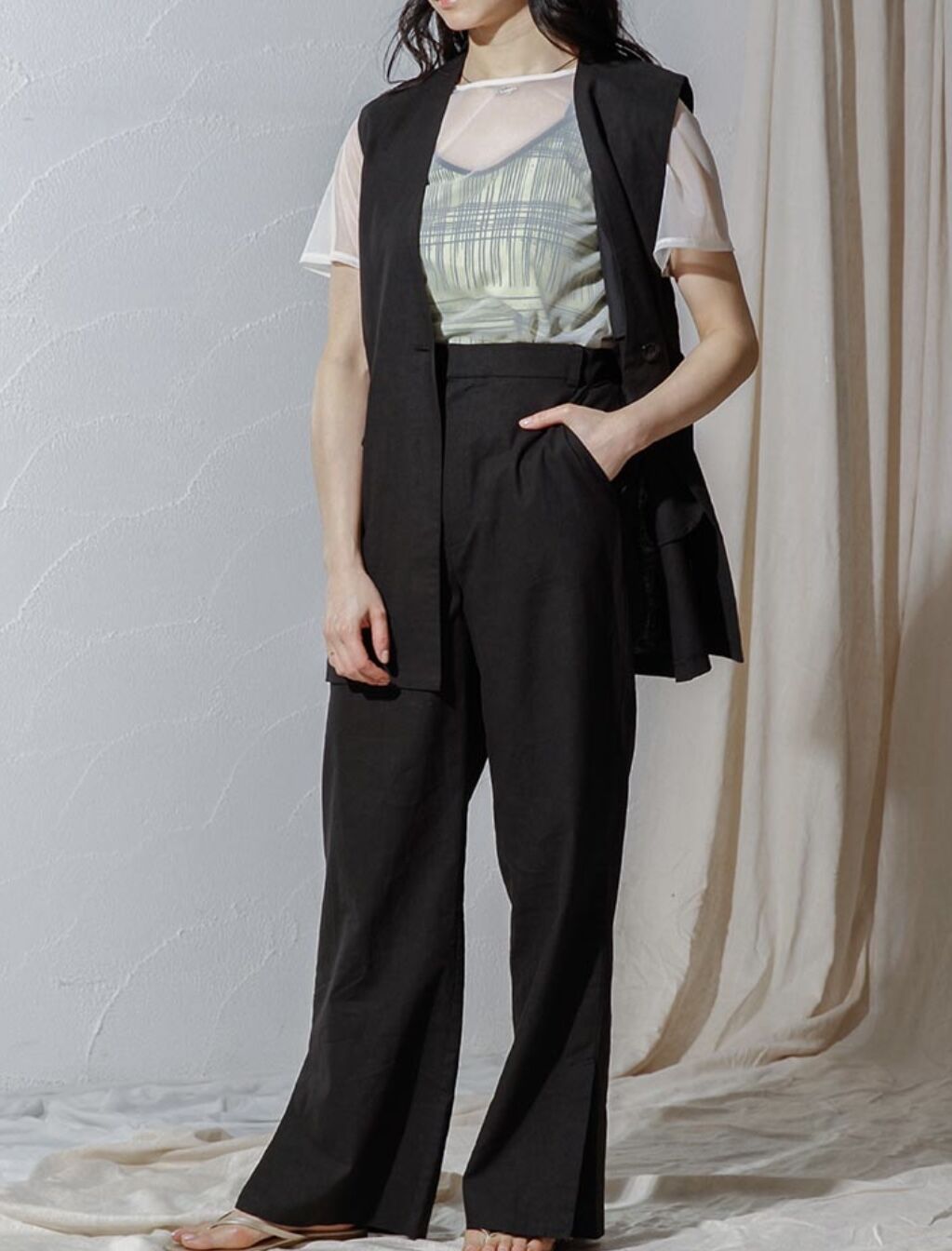 麻見えワイドパンツ BLACK | Rosier Doree