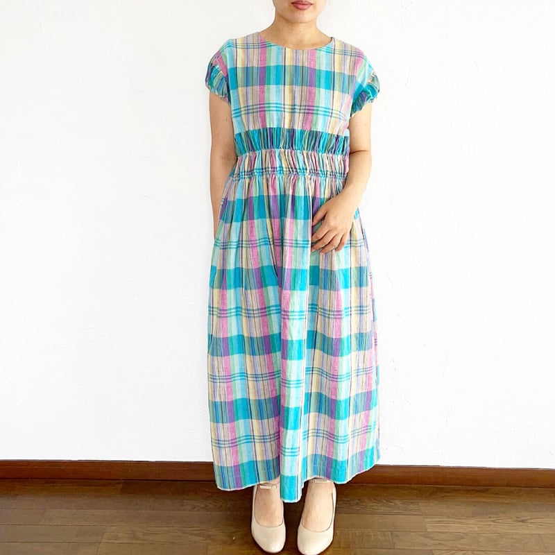 爽やかなマドラスチェックの2wayシャーリング半袖サマードレス