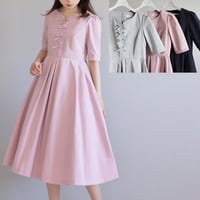 メモリーツイル リボン付き半袖タックフレアワンピース【JM1255BD】