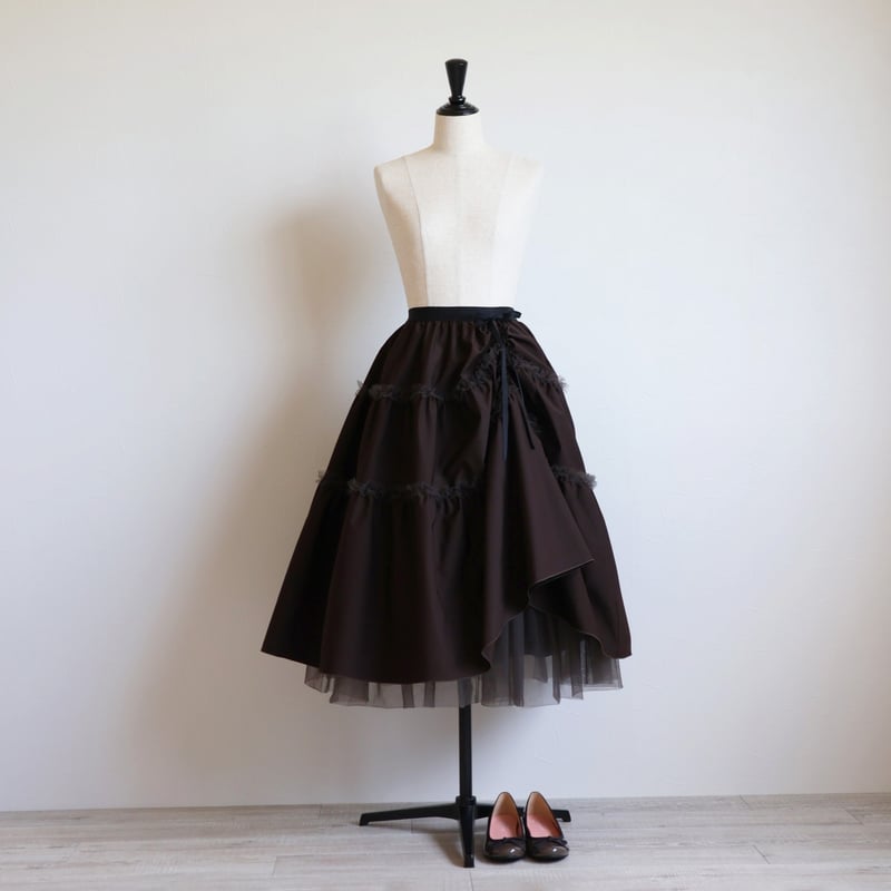 jolie mignon チュール使いティアードスカートブラック
