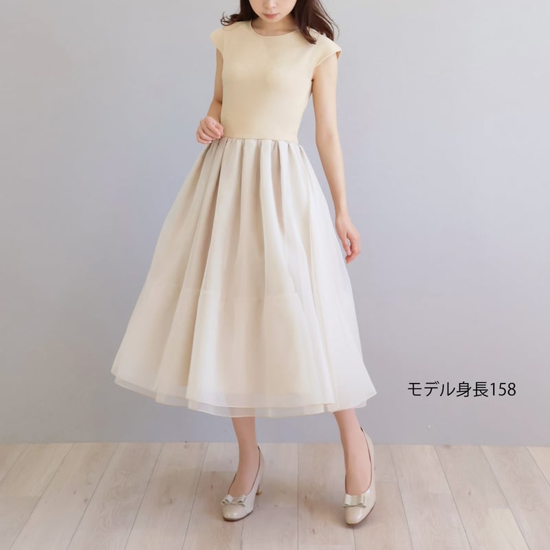 ショルダースリーブ オーガンジータフタ ドッキングワンピース