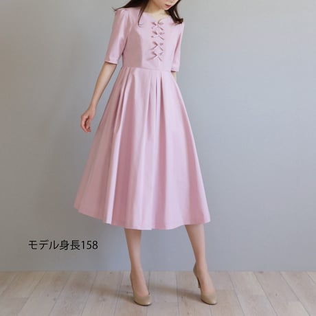 メモリーツイル リボン付き半袖タックフレアワンピース【JM1255BD】