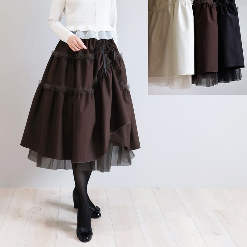 ジョリーミニョン　チュール使い リボンドロストティアードスカート　ブラック♡ チュール使い リボンドロストティアードスカート【JM1273BD】 | jolie