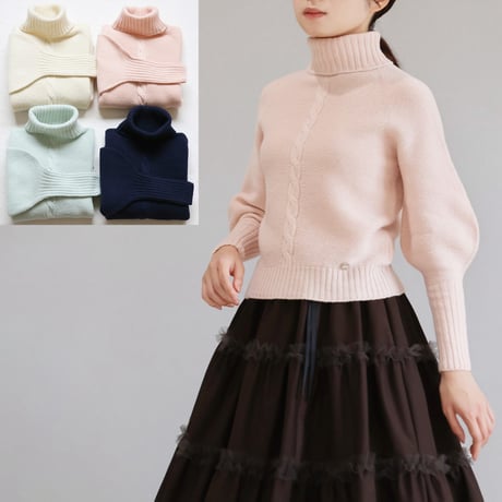 ジョリーミニョン / パフショルダー ハイネックプルオーバー ホールガーメント ホールガーメント リボン付き パフショルダーハイネックプルオーバー