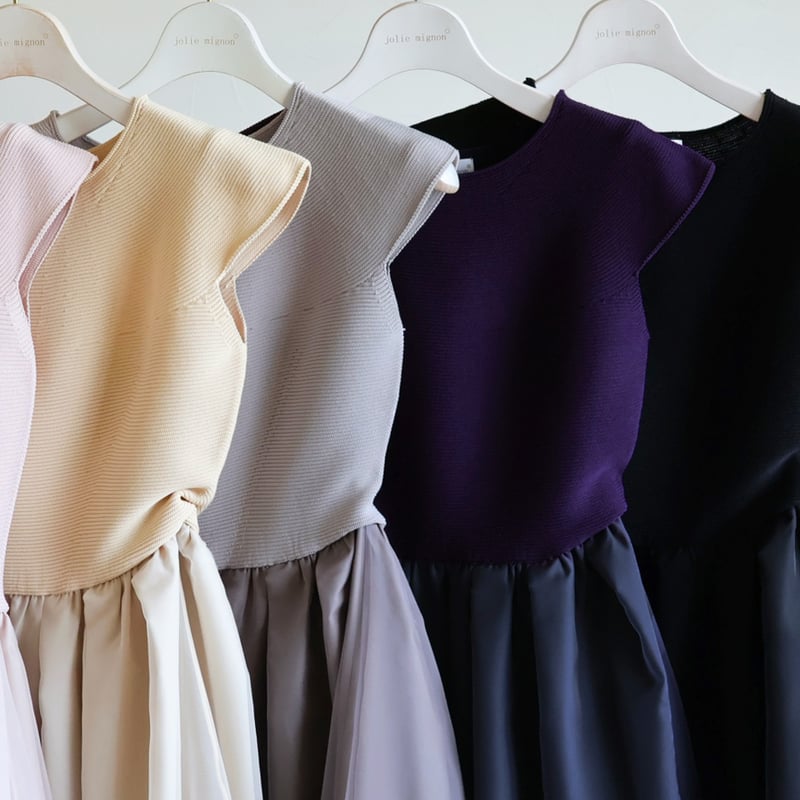 ショルダースリーブ オーガンジータフタ ドッキングワンピース