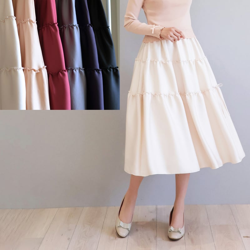 ヴィンテージサテン リボン付きティアードスカート【JM2406BF