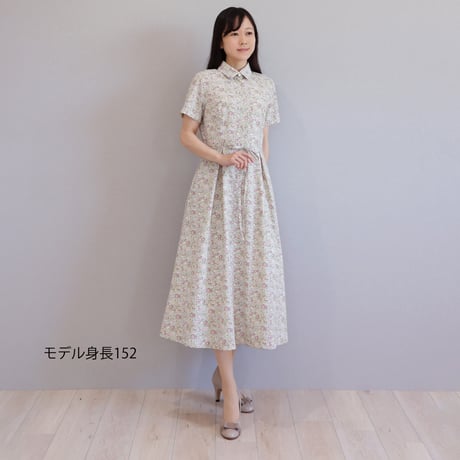 リバティ小花柄プリント ウエストリボン付きワンピース【JM1290BD】