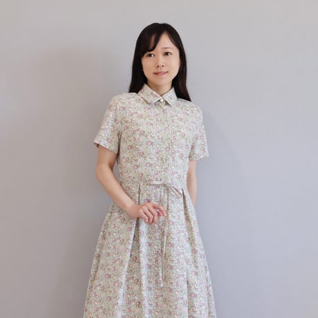 リバティ小花柄プリント ウエストリボン付きワンピース【JM1290BD】