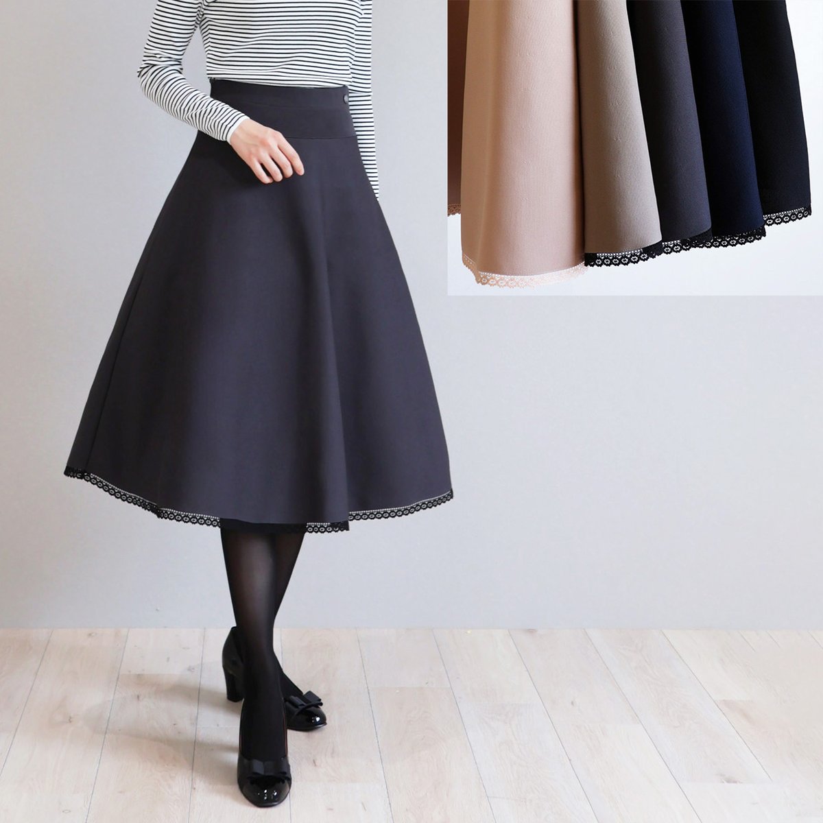 新品♡ジョリーミニョン　レース付きブラック ニットフレアスカート　36♡ 新品♡ジョリーミニョンレース付きブラック ニットフレア