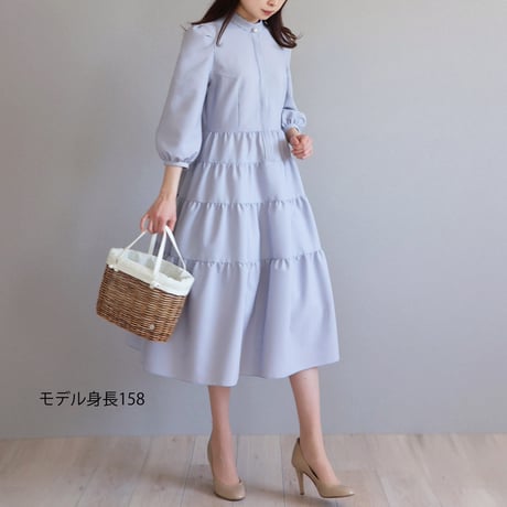 ウエストリボン付き スタンドカラー ティアードワンピース【JM1269BD】
