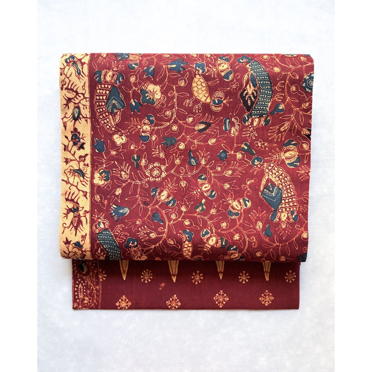 アンティークジャワ更紗 九寸名古屋帯 弁柄色花鳥柄（仕立て上り