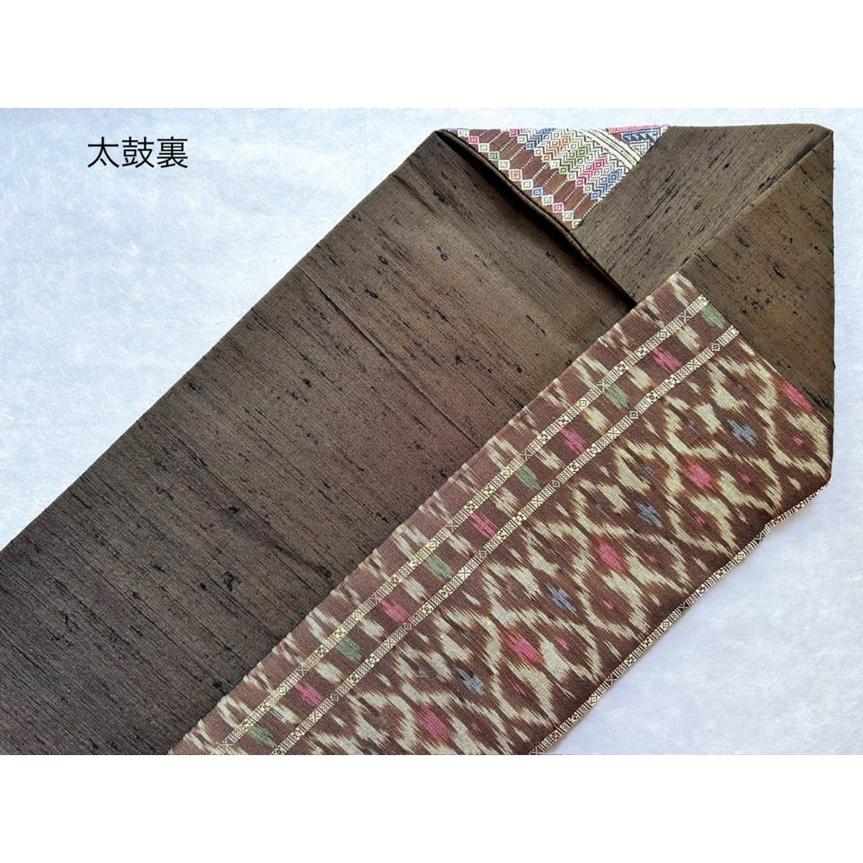 ラオスシルク 九寸名古屋帯 黄枯茶色に縫取り織り（仕立て上り