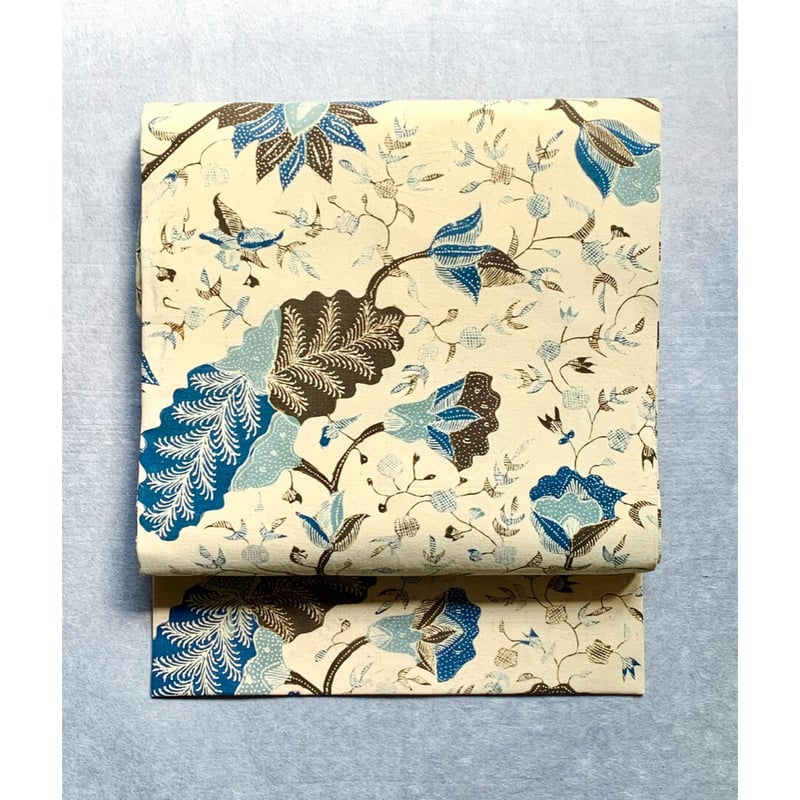 ジャワ更紗 九寸名古屋帯 生成色に青の花鳥文様（仕立て上り） | 古布