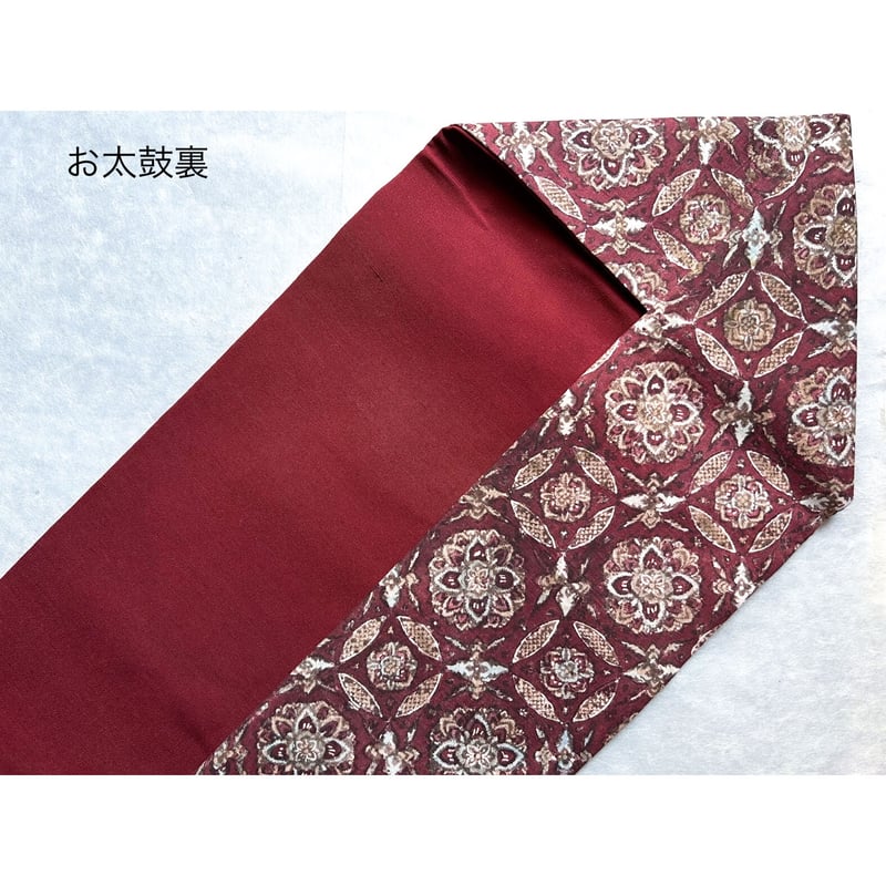 スマトラ島渡り印度更紗 花七宝 九寸名古屋帯 紅鳶色B （仕立て上り