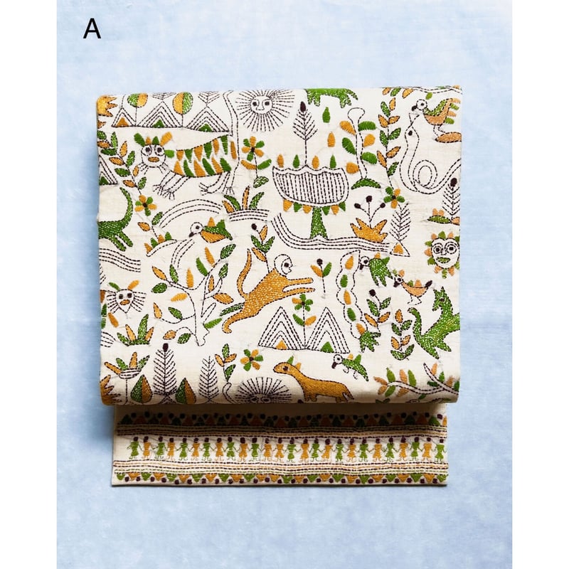 カンタ刺繍 九寸名古屋帯 動物人物文様（仕立て上り） | 古布と帯 夫々 