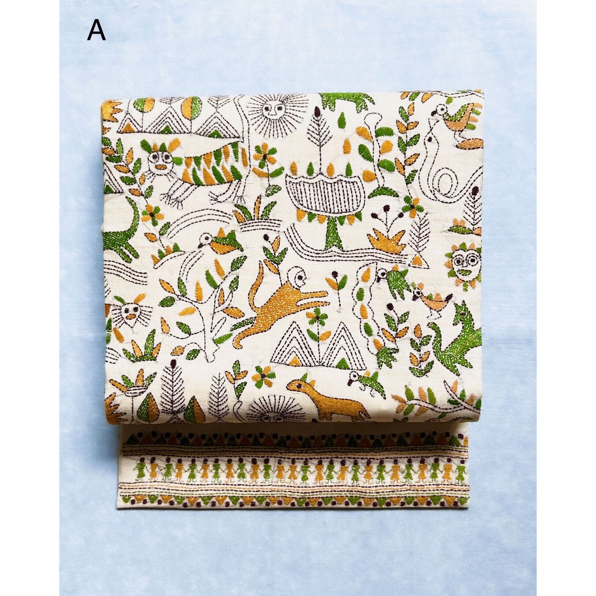 カンタ刺繍 九寸名古屋帯 動物人物文様（仕立て上り） | 古布と帯 夫々 