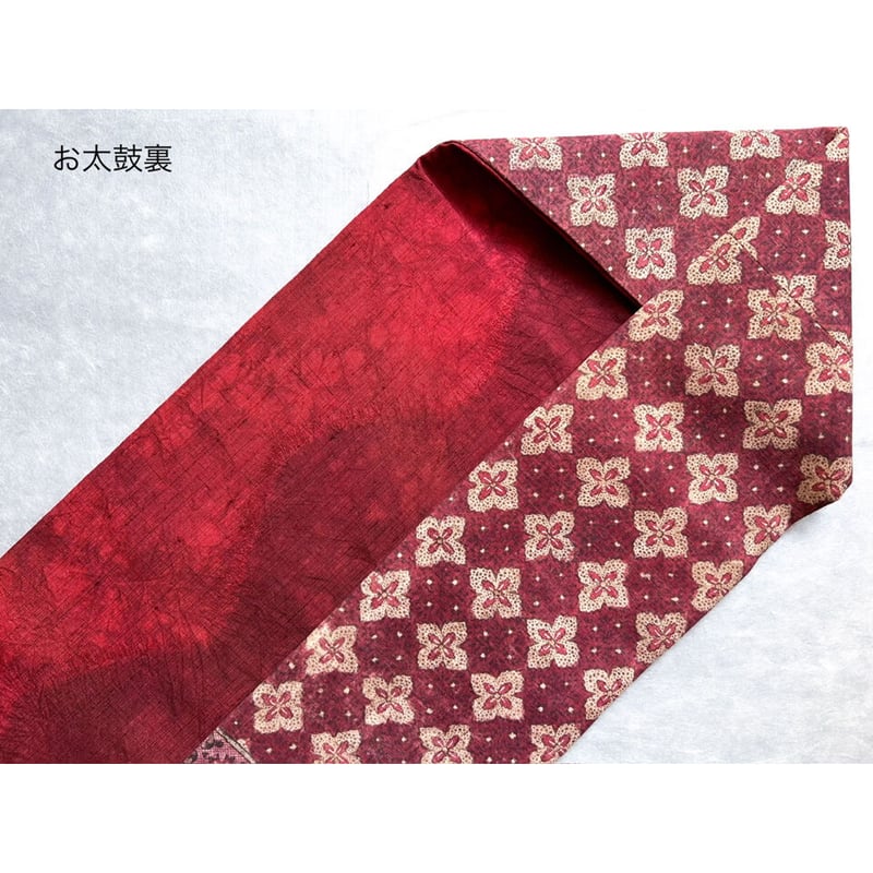 スマトラ島渡り印度更紗 花十字 九寸名古屋帯 茜色B （仕立て上り