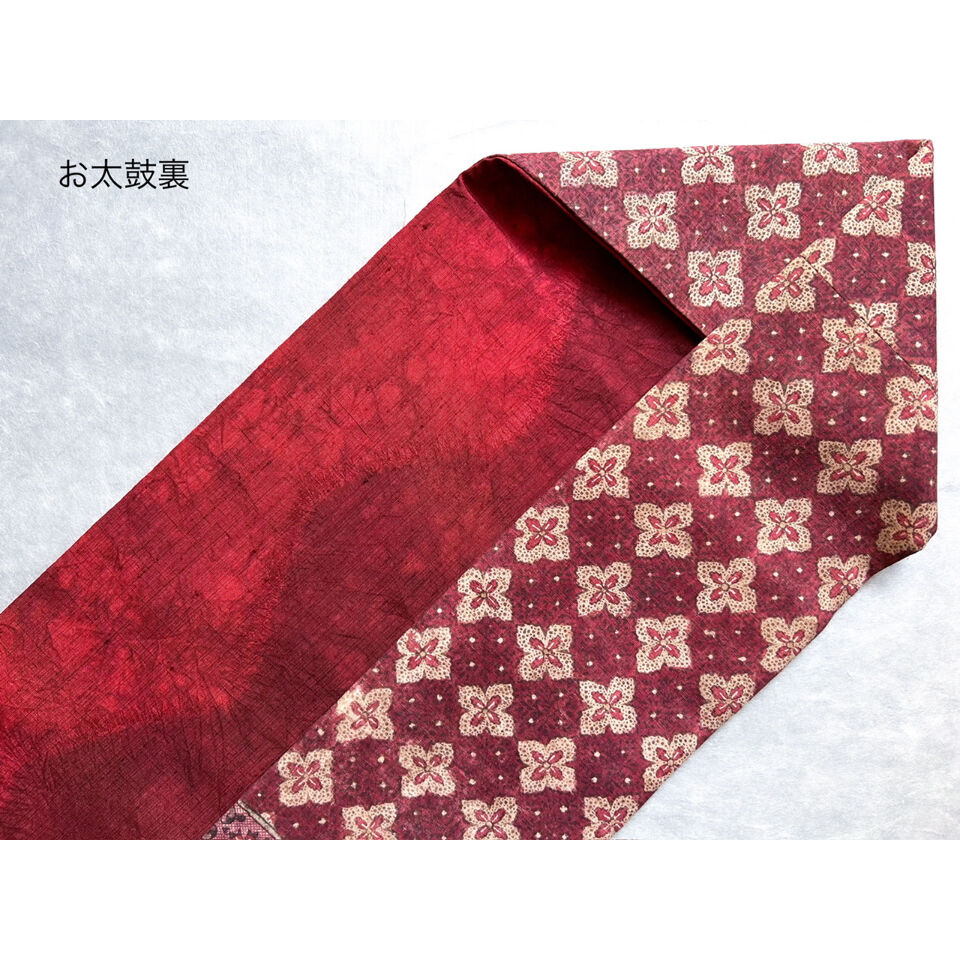 戦前 スマトラ島古布アップリケ使い 額装赤 スマトラ島渡り印度更紗 九寸名古屋帯 縹色A （仕立て上り） | 古布と