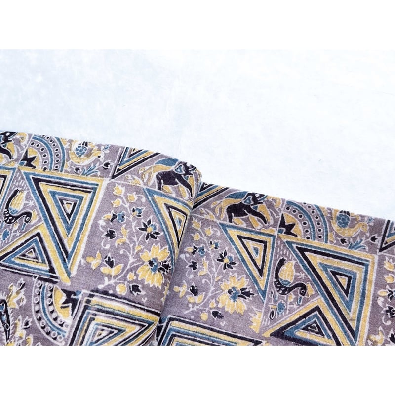 木版更紗木綿サリー半幅帯 霞色に象と水鳥 | 古布と帯 夫々 -sorezore-