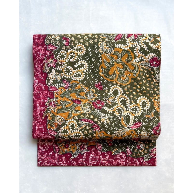 ジャワ更紗 九寸名古屋帯 苔色と真紅 草花文様（仕立て上り） | 古布と