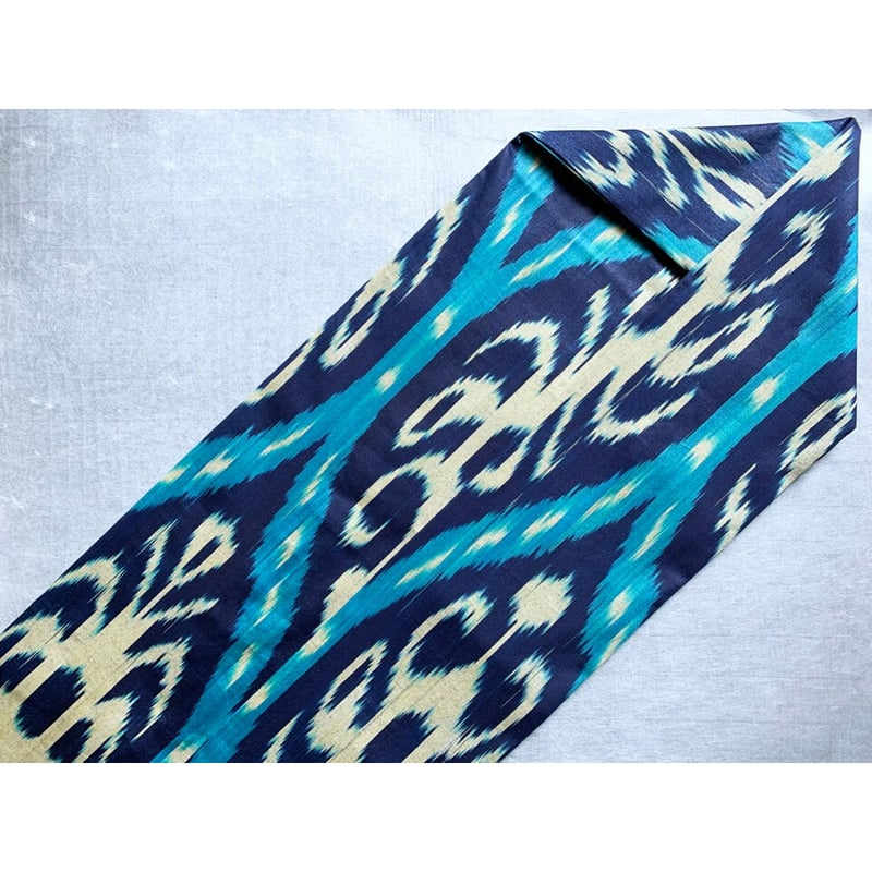 ウズベキスタン絣▪️名古屋帯▪️白茶紫緑▪️夫々月日荘 ウズベキスタン絣 木綿九寸名古屋帯 白藍色×白（仕立て上り） | 古布と