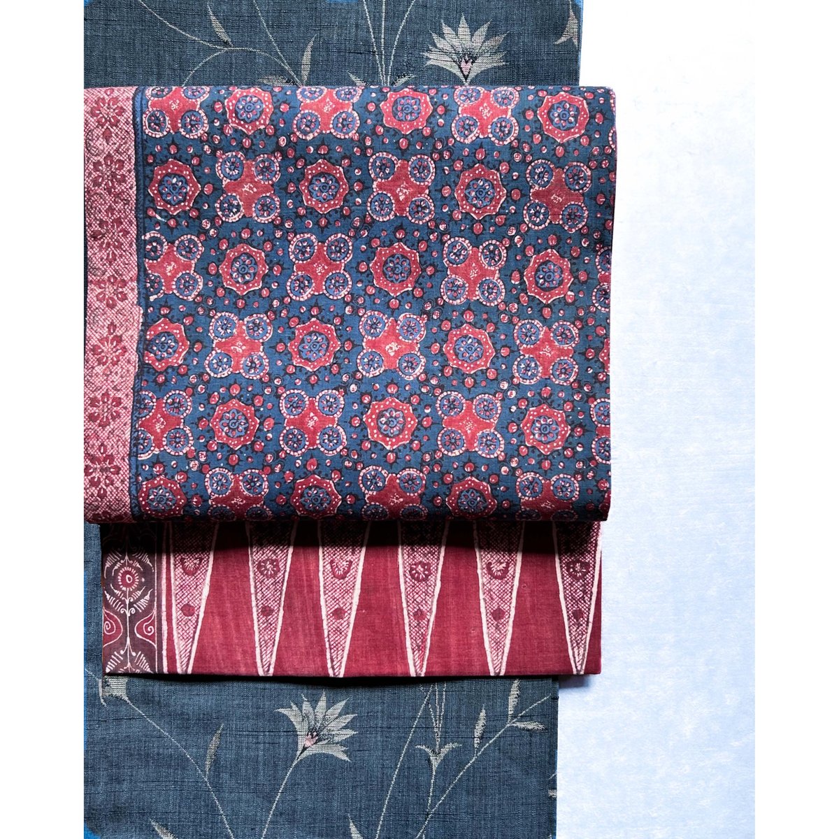 スマトラ島渡り印度更紗 九寸名古屋帯 縹色B （仕立て上り） | 古布と