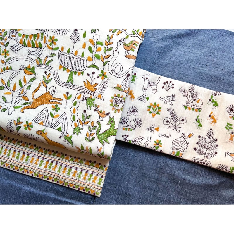 名古屋帯 　博多織　緑と黒の動物刺繍 カンタ刺繍 九寸名古屋帯 動物人物文様（仕立て上り） | 古布と帯 夫々