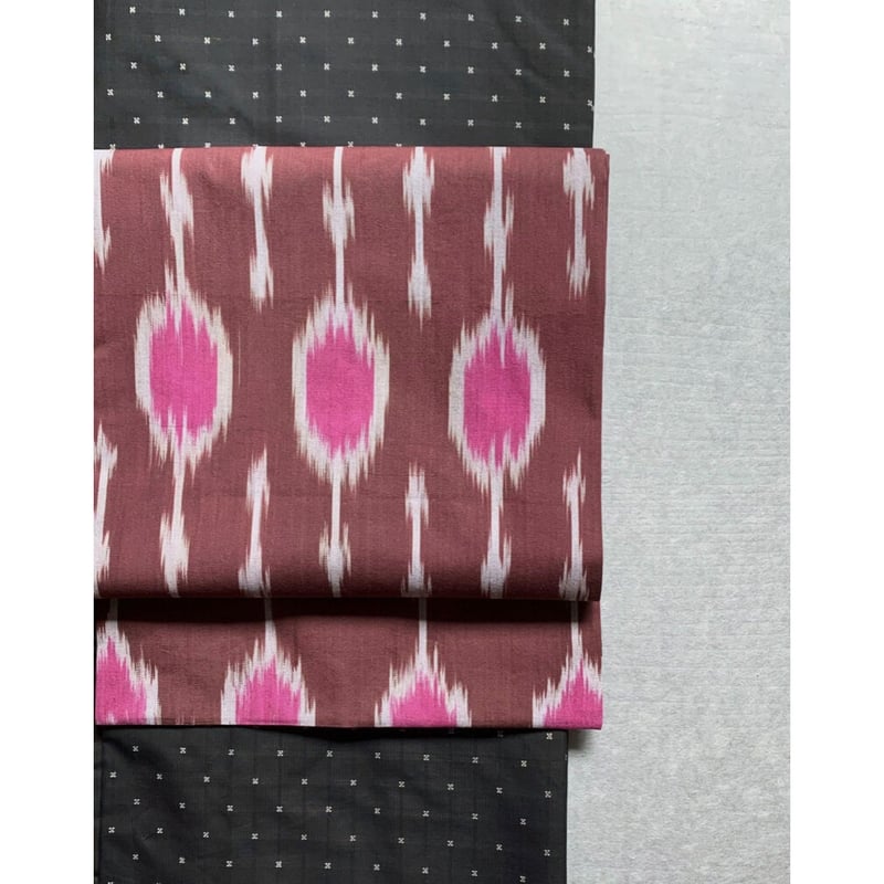 ウズベキスタン絣 木綿九寸名古屋帯 葡萄茶×躑躅色（仕立て上り