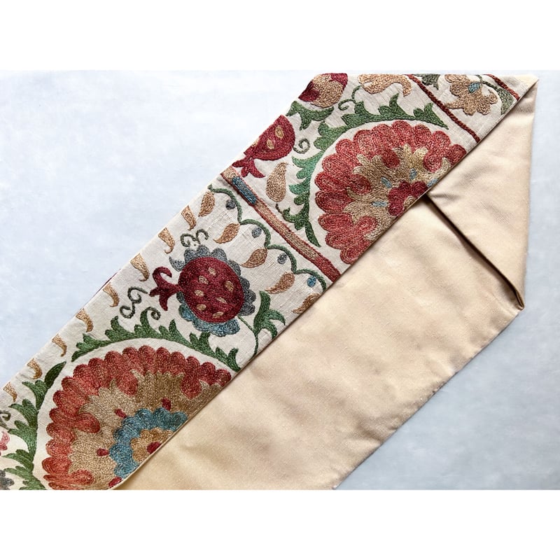 スザニ刺繍 九寸名古屋帯 花と柘榴 -関東巻き専用-（仕立て上り