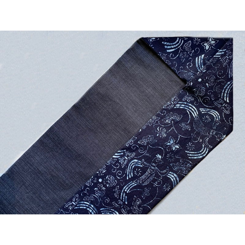 中国 藍印花布 木綿九寸名古屋帯 鳳凰と蓮（仕立て上り） | 古布