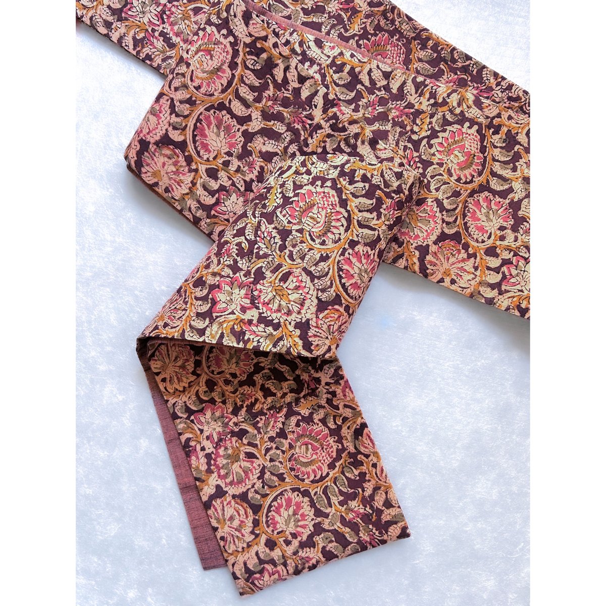 木版更紗木綿サリー半幅帯 雀茶色に花唐草 | 古布と帯 夫々 -sorezore-