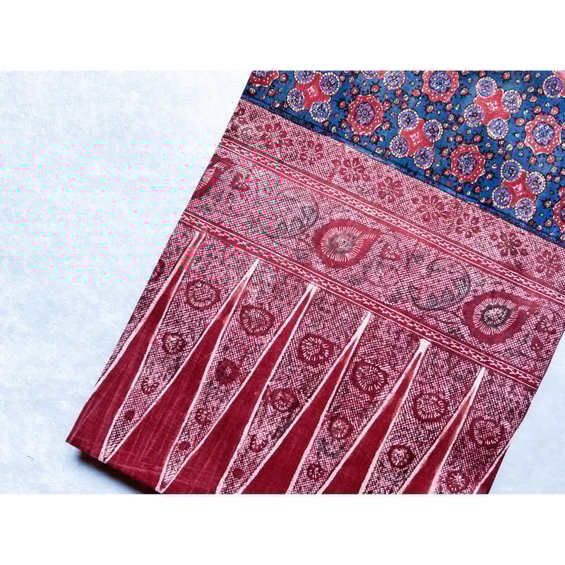 九寸名古屋帯 紬地　縦縞更紗紋様 スマトラ島渡り印度更紗 九寸名古屋帯 縹色A （仕立て上り） | 古布と